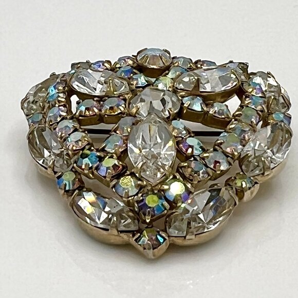 Large Vintage 1950s Heart Shaped Rhinestones Brooch Pin Layered - Picture 4 of 12